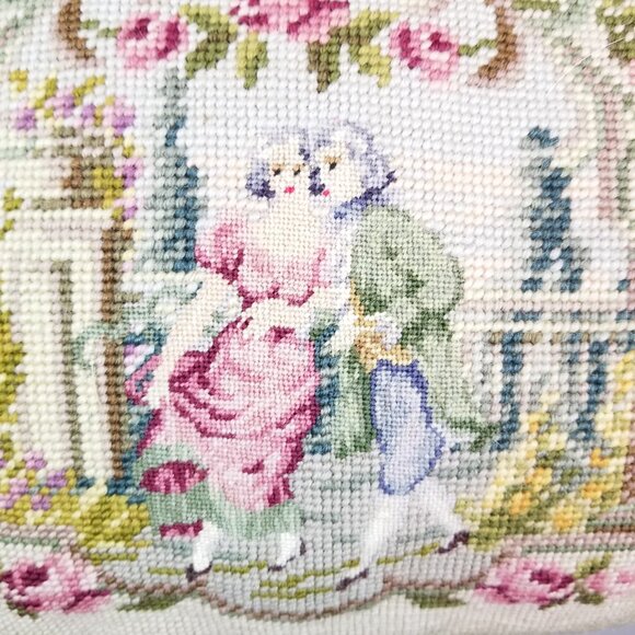 Vintage Purse Floral Clutch Needlepoint Kiss Snap Closure  Gorgeous Large Vintage Romantic Floral Needlepoint Purse Courting Couple & Roses